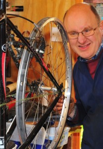 Checking the tracking of a mountain bike frame.