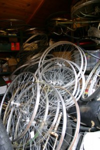 Storeroom full of bicycle wheels